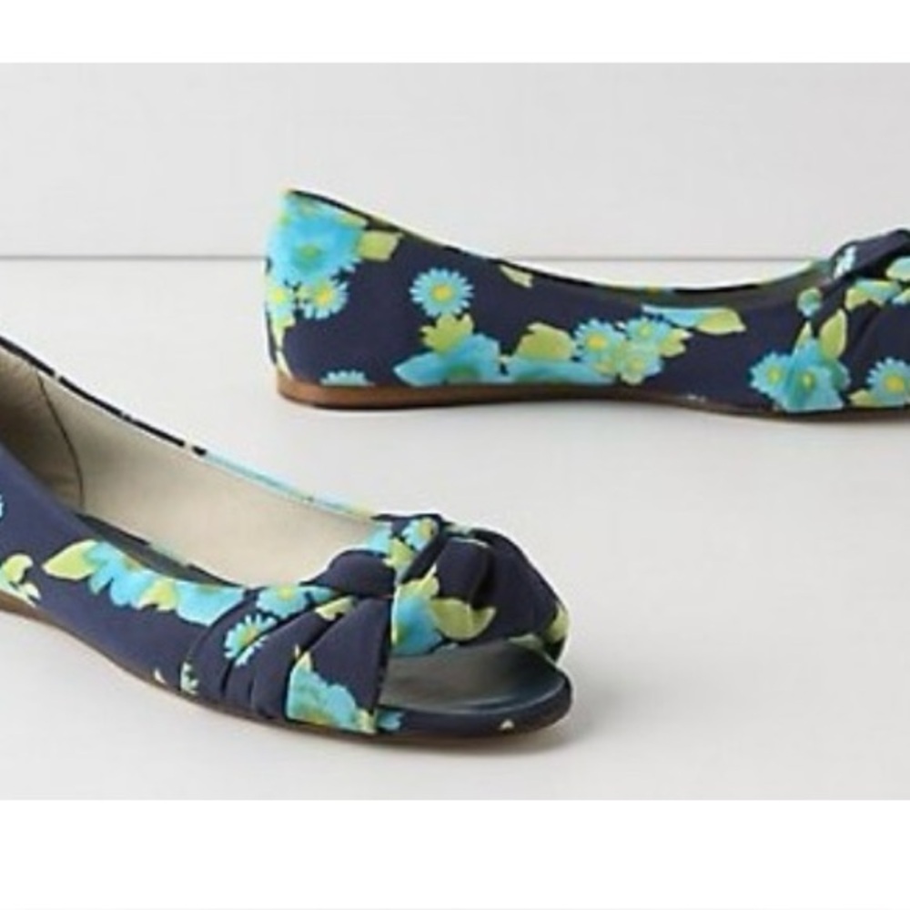 Anthropologie floral peep toe flats.